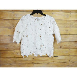 Dizzy Lizzy Shirt Large White Floral Lace Short Sleeve Eyelet